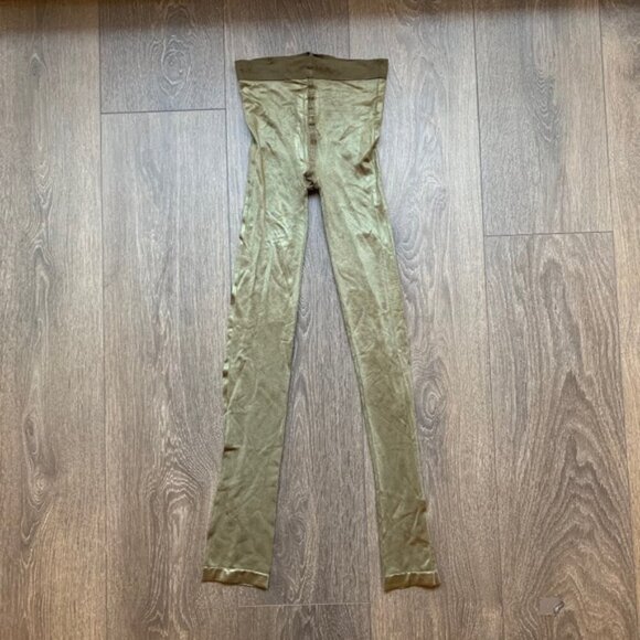 H&M Women's Leggings Tights Shimmer Metallic Shine Green Full length Footless - Picture 4 of 9